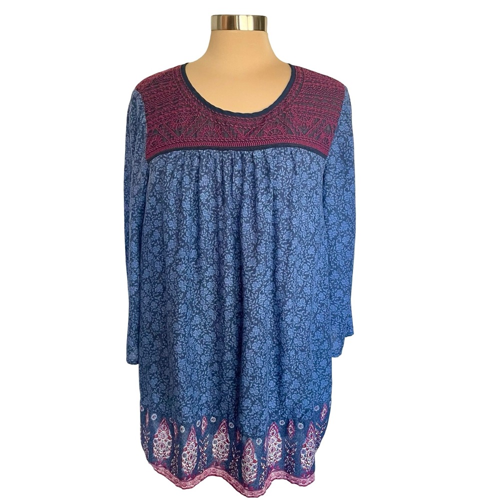 Lucky Brand Boho Floral Embroidered Tunic Top Blue Burgundy Plus Sz 1X Peasant